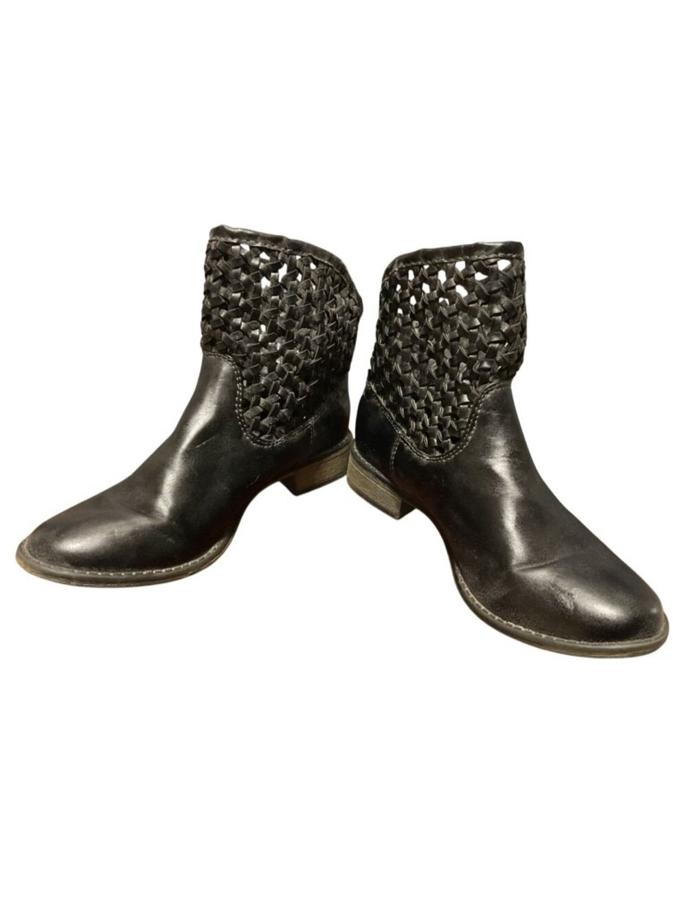 Roxy Carrington J Boot Sz 6 Black Ankle Boot Faux Leather Basket Weave Uppers